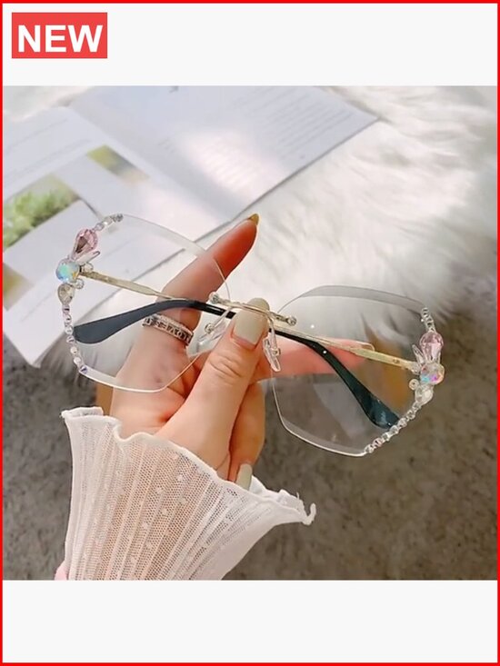 Rimless Rhinestone Sunglasses with Case - Square Retro Metal Frame main image 5